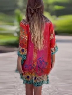 New Women's Mini Dress A Line Dress Casual Boho Daily Holiday Beach Regular Fit Graphic 3/4 Length Sleeve V Neck Red Blue Green Summer Spring Women Casual Dress|Vacation Dresses
