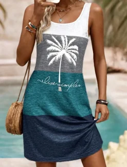 New Women's Mini Dress A Line Dress Summer Dress Off The Shoulder Dress Vacation Daily Loose Fit Graphic Letter Tropical Sleeveless U Neck Summer Spring Women Sundresses
