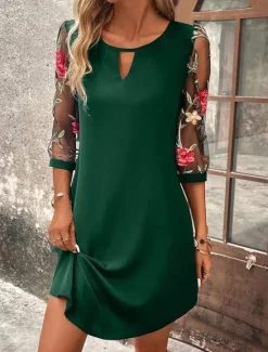 Online Women's Mini Dress A Line Dress Summer Dress Casual Daily Regular Fit Floral Graphic 3/4 Length Sleeve Crew Neck Black Wine Green Dark Blue Summer Women Casual Dress|Vacation Dresses