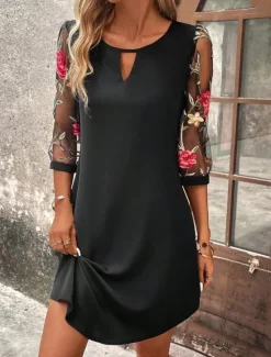 Online Women's Mini Dress A Line Dress Summer Dress Casual Daily Regular Fit Floral Graphic 3/4 Length Sleeve Crew Neck Black Wine Green Dark Blue Summer Women Casual Dress|Vacation Dresses