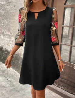 Online Women's Mini Dress A Line Dress Summer Dress Casual Daily Regular Fit Floral Graphic 3/4 Length Sleeve Crew Neck Black Wine Green Dark Blue Summer Women Casual Dress|Vacation Dresses
