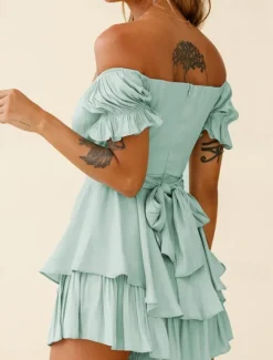 Clearance Women's Mini Dress A Line Dress Summer Dress Stylish Sexy Flared Sleeve Vacation Daily Date Regular Fit Plain Sleeveless Off Shoulder Black White Light Green Red Summer Women White Dresses