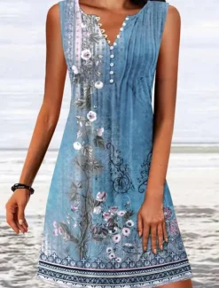 Online Women's Mini Dress A Line DressT Shirt Dress Tee Dress Off The Shoulder Dress Casual Vacation Daily Regular Fit Floral Graphic Sleeveless V Neck Pink Blue Green Gray Summer Women Sundresses