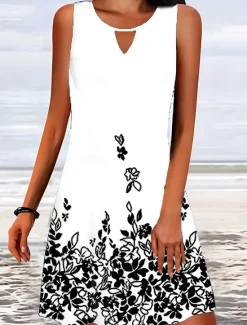 Sale Women's Mini Dress A Line Dress Slip Dress Off The Shoulder Dress Stylish Casual Vacation Daily Regular Fit Floral Sleeveless Crew Neck Black White Wine Blue Summer Women Sundresses