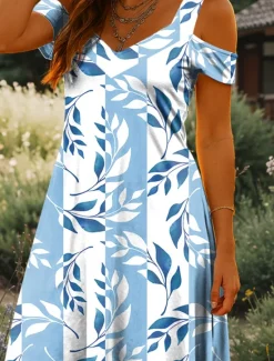 Women's Mini Dress A Line Dress Summer Dress Vacation Casual Daily Holiday Regular Fit Floral Graphic Leaf Short Sleeve V Neck Light Yellow Pink Blue Green Summer Women Sundresses