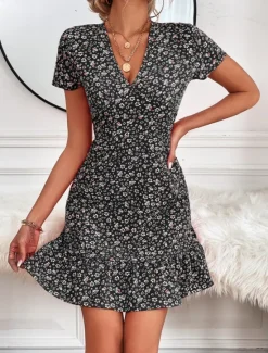 Outlet Women's Mini Dress A Line Dress Casual Outdoor Going out Standard Fit Floral Short Sleeve V Neck Black Red Blue Apricot Summer Women Vacation Dresses