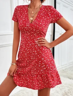Outlet Women's Mini Dress A Line Dress Casual Outdoor Going out Standard Fit Floral Short Sleeve V Neck Black Red Blue Apricot Summer Women Vacation Dresses