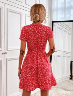 Outlet Women's Mini Dress A Line Dress Casual Outdoor Going out Standard Fit Floral Short Sleeve V Neck Black Red Blue Apricot Summer Women Vacation Dresses