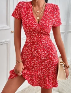 Outlet Women's Mini Dress A Line Dress Casual Outdoor Going out Standard Fit Floral Short Sleeve V Neck Black Red Blue Apricot Summer Women Vacation Dresses