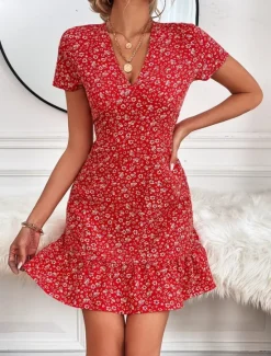 Outlet Women's Mini Dress A Line Dress Casual Outdoor Going out Standard Fit Floral Short Sleeve V Neck Black Red Blue Apricot Summer Women Vacation Dresses