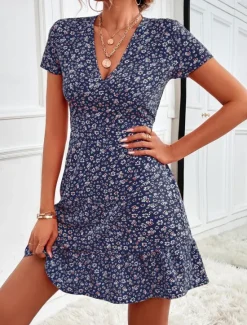 Outlet Women's Mini Dress A Line Dress Casual Outdoor Going out Standard Fit Floral Short Sleeve V Neck Black Red Blue Apricot Summer Women Vacation Dresses