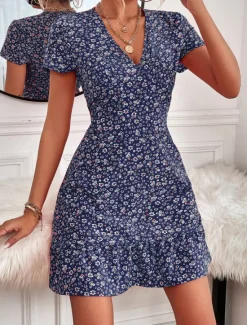 Outlet Women's Mini Dress A Line Dress Casual Outdoor Going out Standard Fit Floral Short Sleeve V Neck Black Red Blue Apricot Summer Women Vacation Dresses