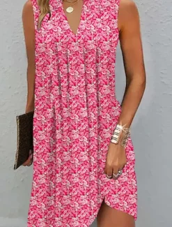 Best Women's Mini Dress A Line Dress Stylish Casual Vacation Daily Regular Fit Floral Sleeveless V Neck Pink Green Summer Spring Women Spring Dresses