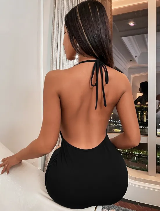 Women's Mini Dress Backless Dress Sexy Slim Fit Solid Color Sleeveless Halter Neck Summer Women Cocktail Dress
