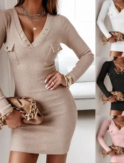 Outlet Women's Mini Dress Bodycon Dress Work Dresses Semi Formal Office Regular Fit Plain Long Sleeve V Neck Black White Pink Khaki Spring Fall Women Work Dresses