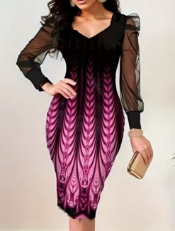 Outlet Women's Mini Dress Bodycon Dress Work Dresses Semi Formal Office Regular Fit Floral Graphic Long Sleeve V Neck Pink Red Blue Purple Summer Winter Women Work Dresses
