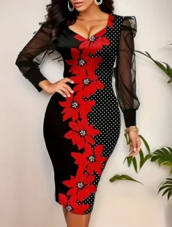 Outlet Women's Mini Dress Bodycon Dress Work Dresses Semi Formal Office Regular Fit Floral Graphic Long Sleeve V Neck Pink Red Blue Purple Summer Winter Women Work Dresses