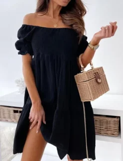 Women's Mini Dress Boho Chic Dresses A Line Dress Vacation Stylish Sexy Loose Fit Solid Color Sleeveless Off Shoulder Black Light Green Apricot Summer Spring Women Vacation Dresses
