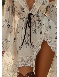 Outlet Women's Mini Dress Boho Dress Western Dress Fashion Vacation Daily Going out Regular Fit Flower Long Sleeve V Neck Summer Women Floral Dresses