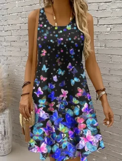 New Women's Mini Dress Casual Dress Sundress A Line Dress Off The Shoulder Dress Vacation Casual Holiday Beach Regular Fit Ombre Graphic Butterfly Sleeveless Crew Neck Scoop Neck Colourful Yellow Red Blue Women Sundresses