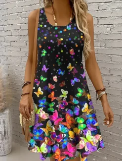 New Women's Mini Dress Casual Dress Sundress A Line Dress Off The Shoulder Dress Vacation Casual Holiday Beach Regular Fit Ombre Graphic Butterfly Sleeveless Crew Neck Scoop Neck Colourful Yellow Red Blue Women Sundresses