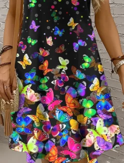 New Women's Mini Dress Casual Dress Sundress A Line Dress Off The Shoulder Dress Vacation Casual Holiday Beach Regular Fit Ombre Graphic Butterfly Sleeveless Crew Neck Scoop Neck Colourful Yellow Red Blue Women Sundresses