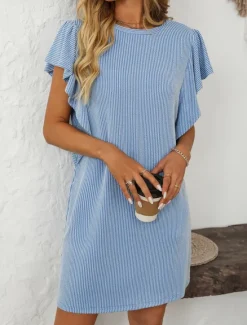 Discount Women's Mini Dress Casual Dress T Shirt Dress Tee Dress Stylish Casual Vacation Daily Regular Fit Stripe Short Sleeve Crew Neck Pink Sky Blue Summer Women T Shirt Dresses