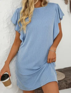 Discount Women's Mini Dress Casual Dress T Shirt Dress Tee Dress Stylish Casual Vacation Daily Regular Fit Stripe Short Sleeve Crew Neck Pink Sky Blue Summer Women T Shirt Dresses