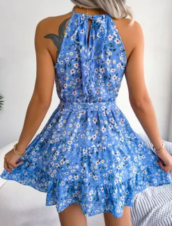 New Women's Mini Dress Casual Dress Swing Dress Summer Dress Streetwear Vacation Holiday Beach Regular Fit Floral Sleeveless Halter Neck Pink Blue Purple Summer Women Spring Dresses