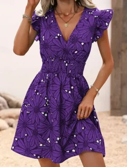 Discount Women's Mini Dress Casual Dress Summer Dress Print Dress Fashion Outdoor Holiday Date Regular Fit Floral Sleeveless V Neck Blue Purple Green Summer Spring Women Floral Dresses