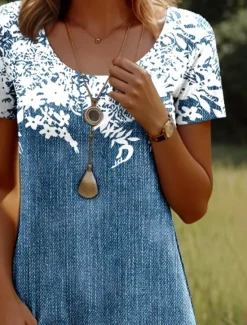 Hot Women's Mini Dress Casual Dress T Shirt Dress Tee Dress Sundress A Line Dress Stylish Casual Beach Regular Fit Floral Graphic Leaf Short Sleeve Crew Neck Scoop Neck Blue Ink Blue Light Blue Summer Women T Shirt Dresses