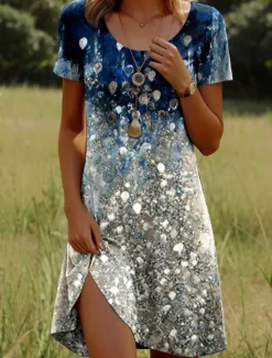 Hot Women's Mini Dress Casual Dress T Shirt Dress Tee Dress Sundress A Line Dress Stylish Casual Beach Regular Fit Floral Graphic Leaf Short Sleeve Crew Neck Scoop Neck Blue Ink Blue Light Blue Summer Women T Shirt Dresses