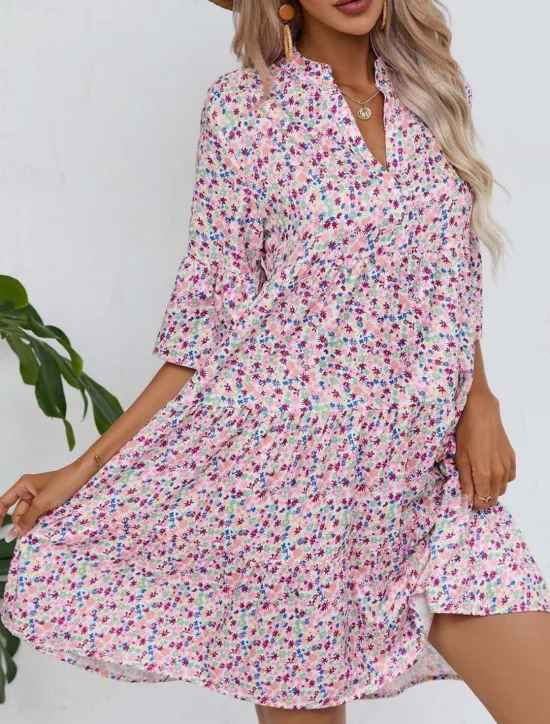 Discount Women's Mini Dress Casual Dress Stylish Casual Vacation Daily Regular Fit Floral Geometric 3/4 Length Sleeve Notched Neck Summer Women Spring Dresses