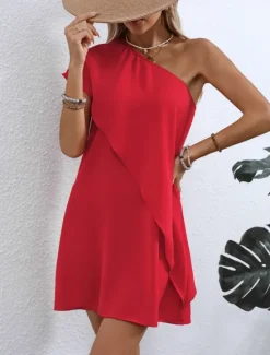 Sale Women's Mini Dress Casual Dress Basic Casual Vacation Daily Regular Fit Plain Sleeveless One Shoulder Summer Women Cocktail Dress