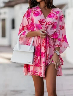 Best Women's Mini Dress Casual Dress Summer Dress Print Dress Fashion Outdoor Holiday Date Regular Fit Floral Long Sleeve V Neck Pink Purple Orange Summer Spring Women Floral Dresses