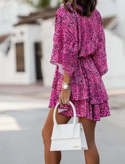 Best Women's Mini Dress Casual Dress Summer Dress Print Dress Fashion Outdoor Holiday Date Regular Fit Floral Long Sleeve V Neck Pink Purple Orange Summer Spring Women Floral Dresses
