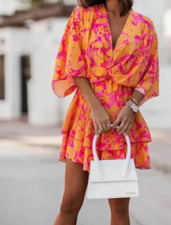 Best Women's Mini Dress Casual Dress Summer Dress Print Dress Fashion Outdoor Holiday Date Regular Fit Floral Long Sleeve V Neck Pink Purple Orange Summer Spring Women Floral Dresses