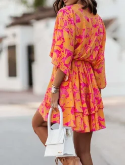 Best Women's Mini Dress Casual Dress Summer Dress Print Dress Fashion Outdoor Holiday Date Regular Fit Floral Long Sleeve V Neck Pink Purple Orange Summer Spring Women Floral Dresses