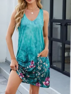 Women's Mini Dress Casual Dress Tank Dress Stylish Casual Vacation Daily Regular Fit Floral Leaf Sleeveless V Neck White Yellow Blue Green Summer Women Sundresses