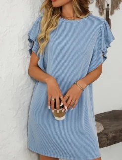 Women's Mini Dress Casual Dress Mini Dress Petite Dress A Line Dress Basic Birthday Vacation Work Casual Loose Fit Stripe Gingham Short Sleeve Crew Neck Pink Sky Blue Green Khaki Summer Spring Women T Shirt Dresses