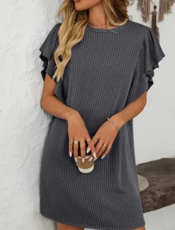 Women's Mini Dress Casual Dress Mini Dress Petite Dress A Line Dress Basic Birthday Vacation Work Casual Loose Fit Stripe Gingham Short Sleeve Crew Neck Pink Sky Blue Green Khaki Summer Spring Women T Shirt Dresses