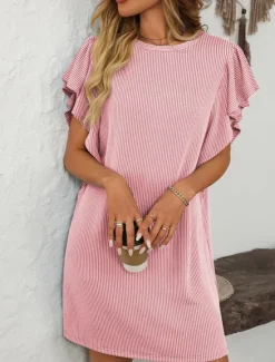 Women's Mini Dress Casual Dress Mini Dress Petite Dress A Line Dress Basic Birthday Vacation Work Casual Loose Fit Stripe Gingham Short Sleeve Crew Neck Pink Sky Blue Green Khaki Summer Spring Women T Shirt Dresses