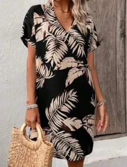 New Women's Mini Dress Casual Dress T Shirt Dress Tee Dress Stylish Casual Vacation Daily Regular Fit Leaf Short Sleeve V Neck Summer Women T Shirt Dresses