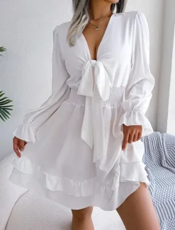 Sale Women's Mini Dress Casual Dress A Line Dress Elegant Cute Stylish Vacation Party Daily Regular Fit Plain Long Sleeve V Neck White Pink Blue Spring Fall Women White Dresses