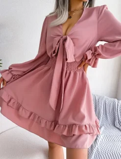 Sale Women's Mini Dress Casual Dress A Line Dress Elegant Cute Stylish Vacation Party Daily Regular Fit Plain Long Sleeve V Neck White Pink Blue Spring Fall Women White Dresses