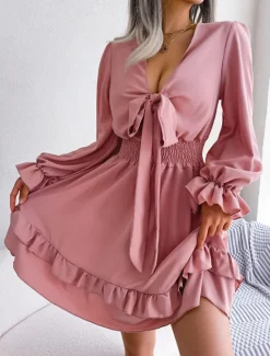 Sale Women's Mini Dress Casual Dress A Line Dress Elegant Cute Stylish Vacation Party Daily Regular Fit Plain Long Sleeve V Neck White Pink Blue Spring Fall Women White Dresses