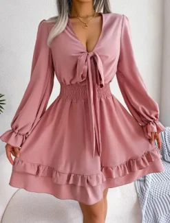 Sale Women's Mini Dress Casual Dress A Line Dress Elegant Cute Stylish Vacation Party Daily Regular Fit Plain Long Sleeve V Neck White Pink Blue Spring Fall Women White Dresses