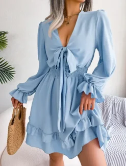 Sale Women's Mini Dress Casual Dress A Line Dress Elegant Cute Stylish Vacation Party Daily Regular Fit Plain Long Sleeve V Neck White Pink Blue Spring Fall Women White Dresses