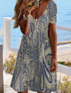 Women's Mini Dress Casual Dress Ethnic Dress Sheath Dress Mini Dress Petite Dress Vacation Fashion Classic Vacation Birthday Casual Regular Fit Floral Paisley Short Sleeve V Neck Deep V Red Dusty Women Spring Dresses|T Shirt Dresses
