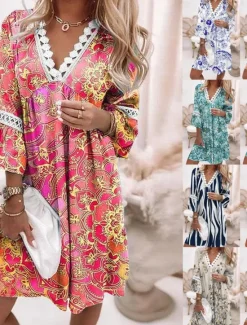 Online Women's Mini Dress Casual Dress Summer Dress Fashion Modern Vacation Daily Weekend Regular Fit Floral Graphic Color Gradient 3/4 Length Sleeve V Neck White Pink Wine Navy Blue Summer Women Floral Dresses